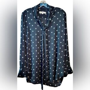 Ann Taylor Loft Black Polka Dot Tie Neck Blouse Long Sleeve Minimalist Top Small